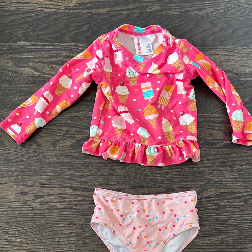 Ruffle Butts Girls' Pink Ice Cream Print Rash Guard Swim Set - Picture 4 of 7
